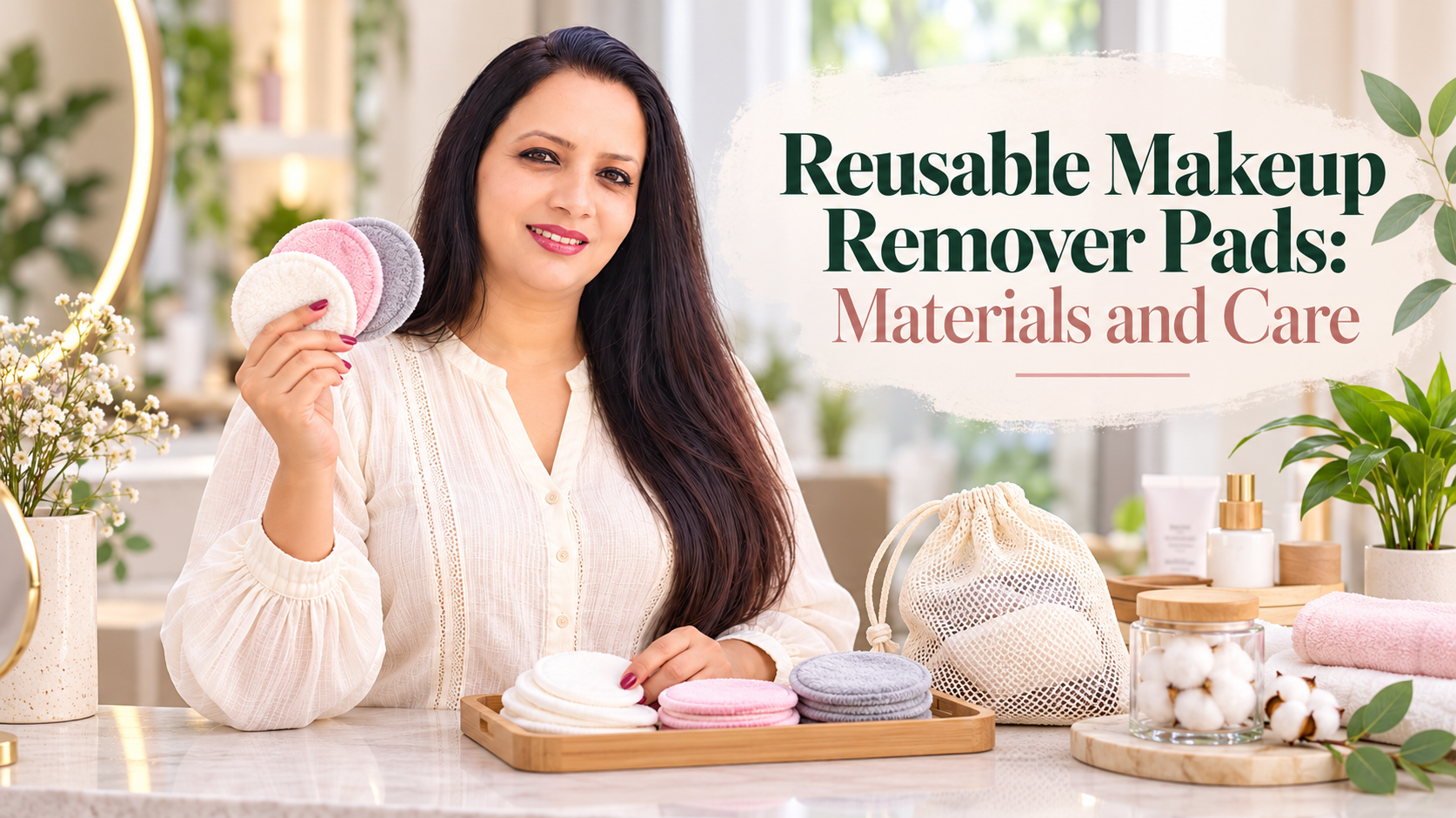 Woman holding reusable makeup remover pads beside skincare products for gentle daily makeup removal.
